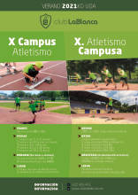 Cartel Campus Verano 2021, información y cuatro fotos de niños/as participando en diferentes pruebas de atletismo